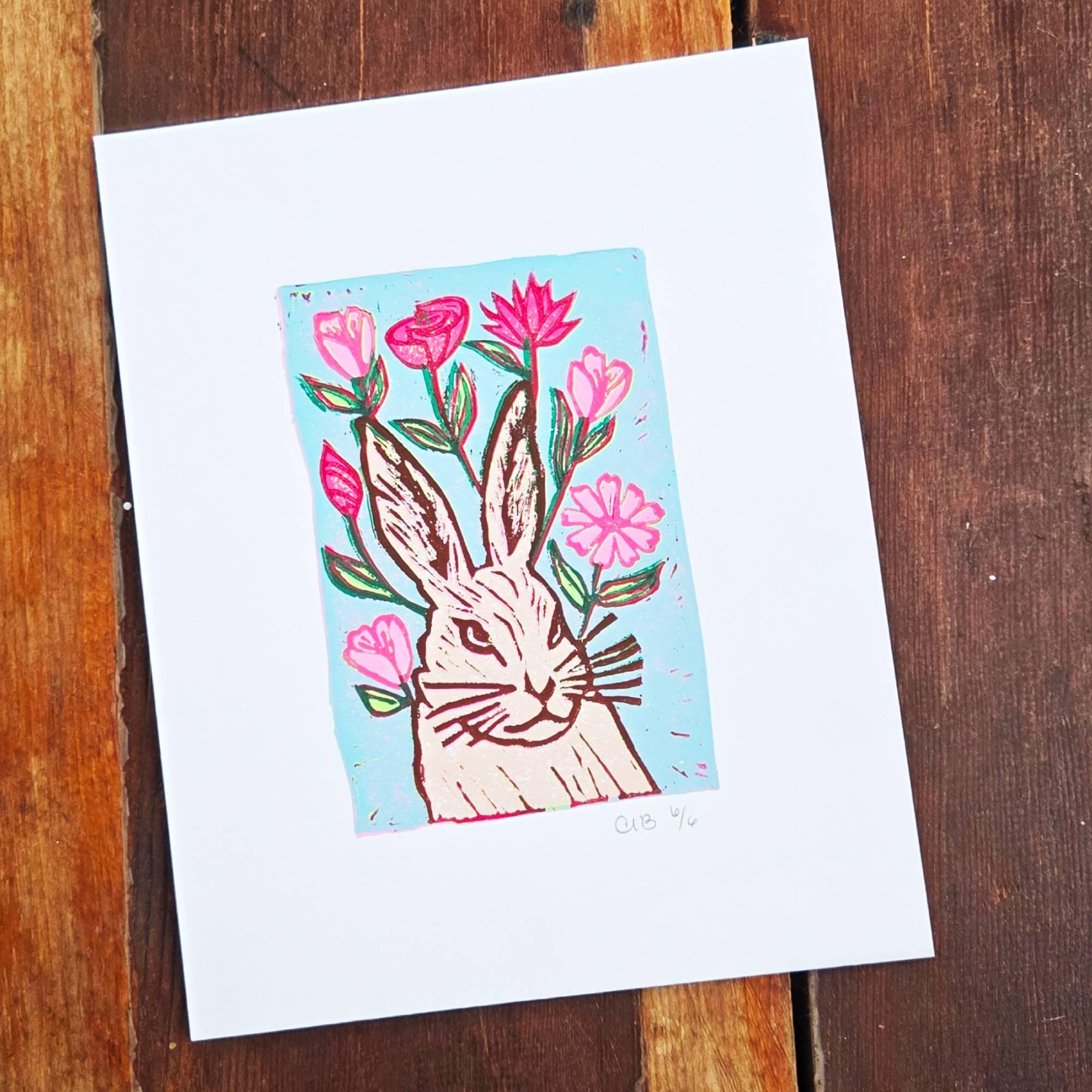 Bunny with flowers block print art original - Image 4