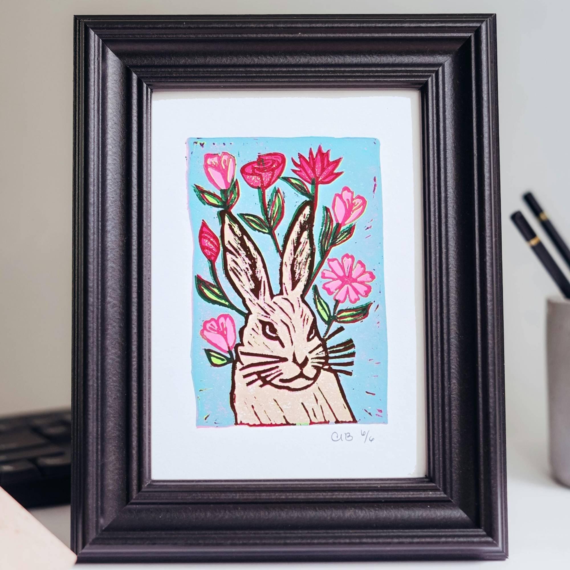 Bunny with flowers block print art original - Image 3