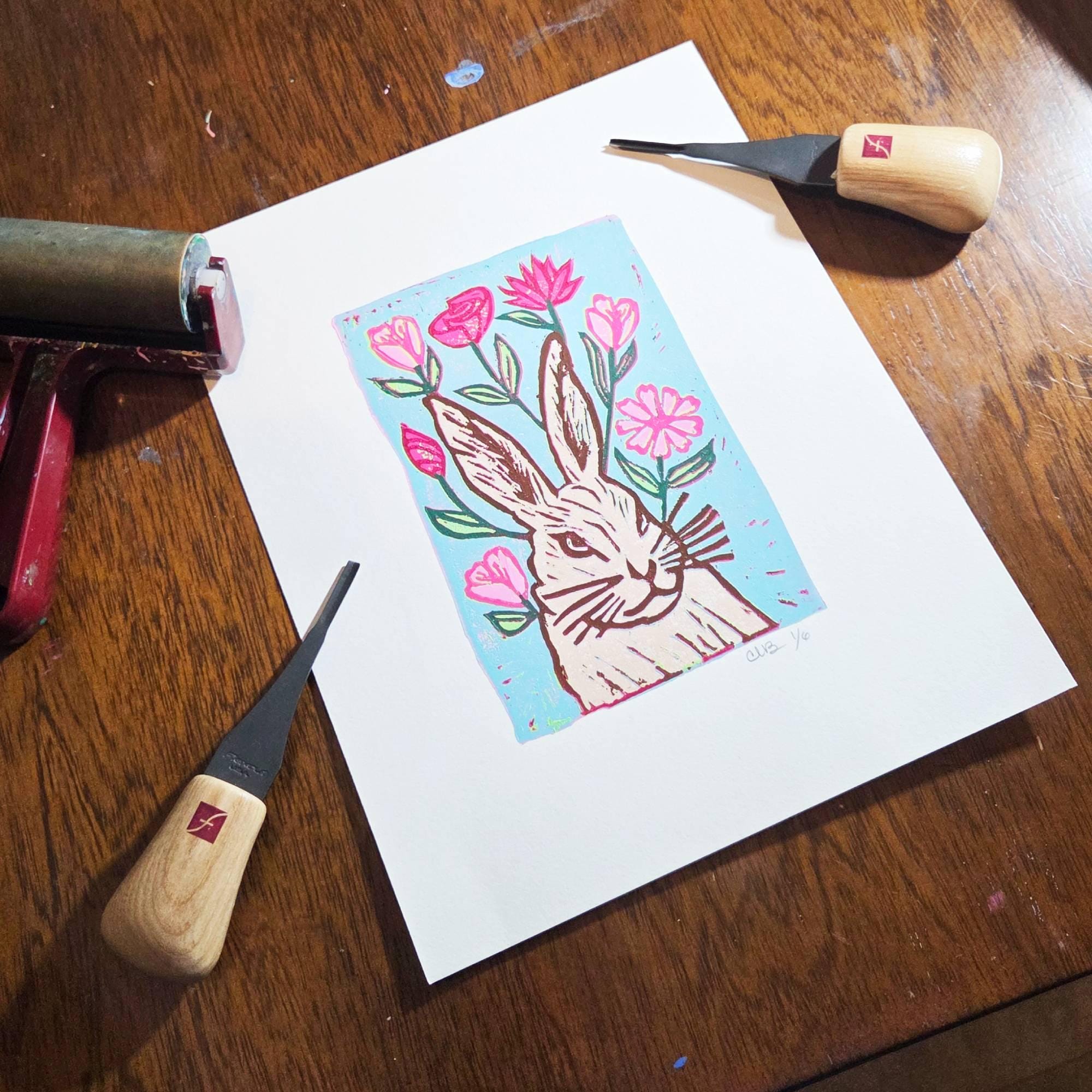 Bunny with flowers block print art original - Image 2