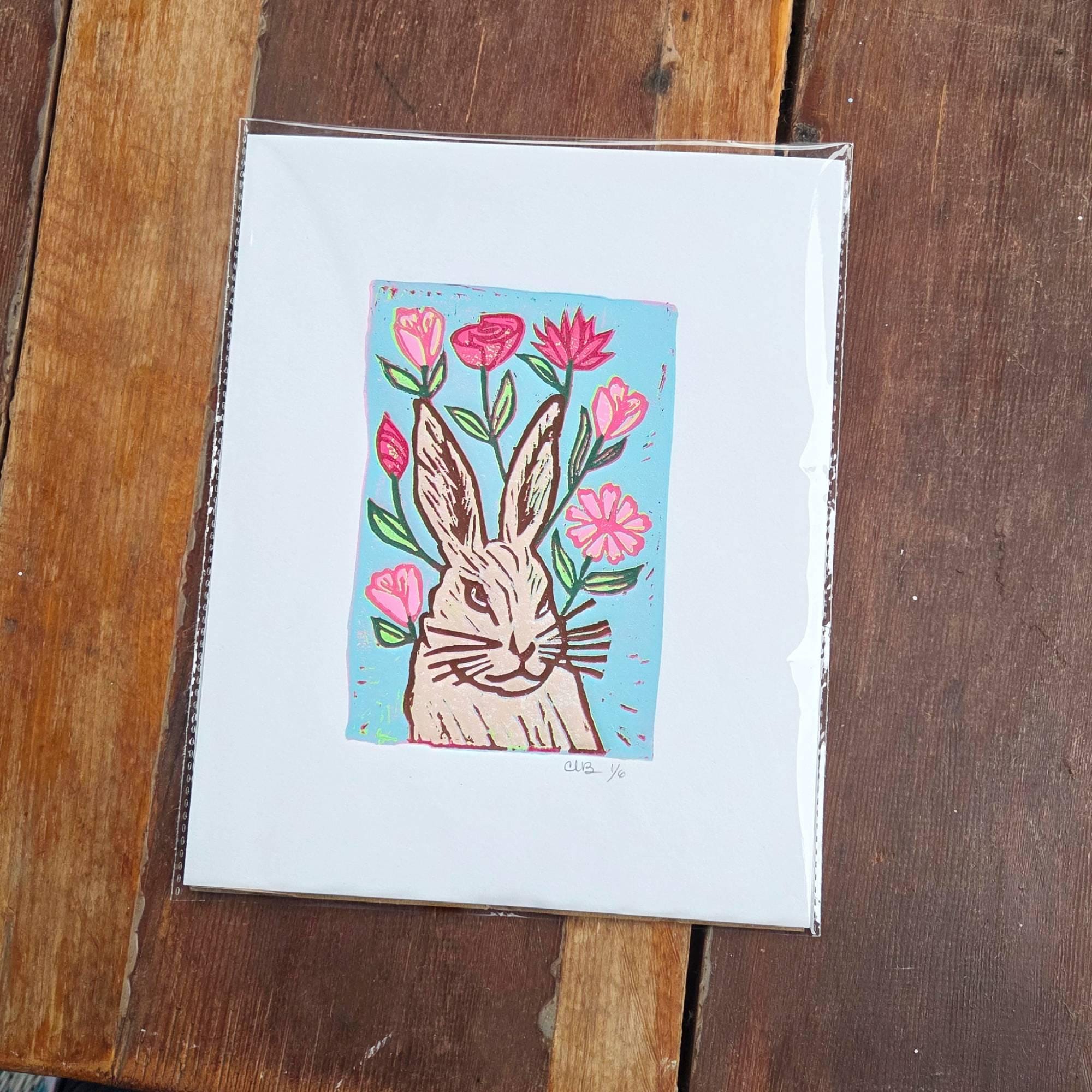 Bunny with flowers block print art original - Image 5