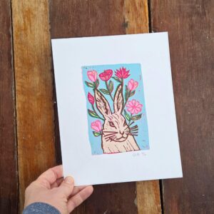 Bunny with flowers block print art original