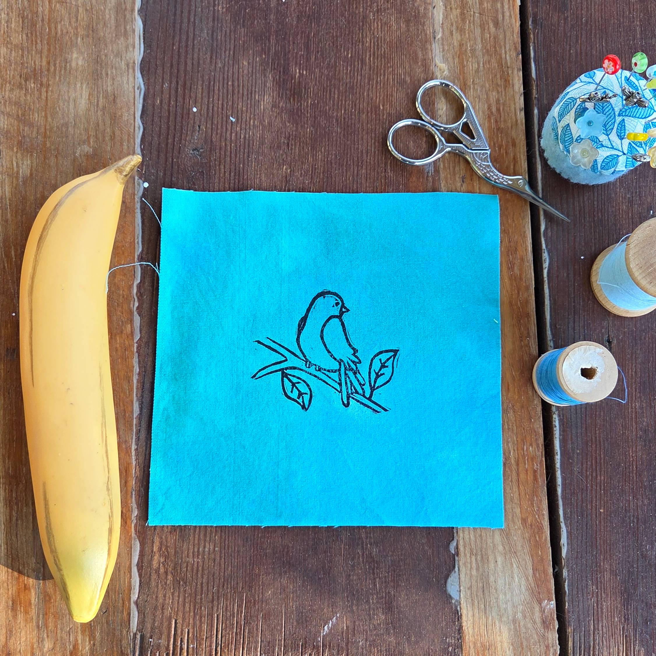 Block Printed Bird on a Branch Patch