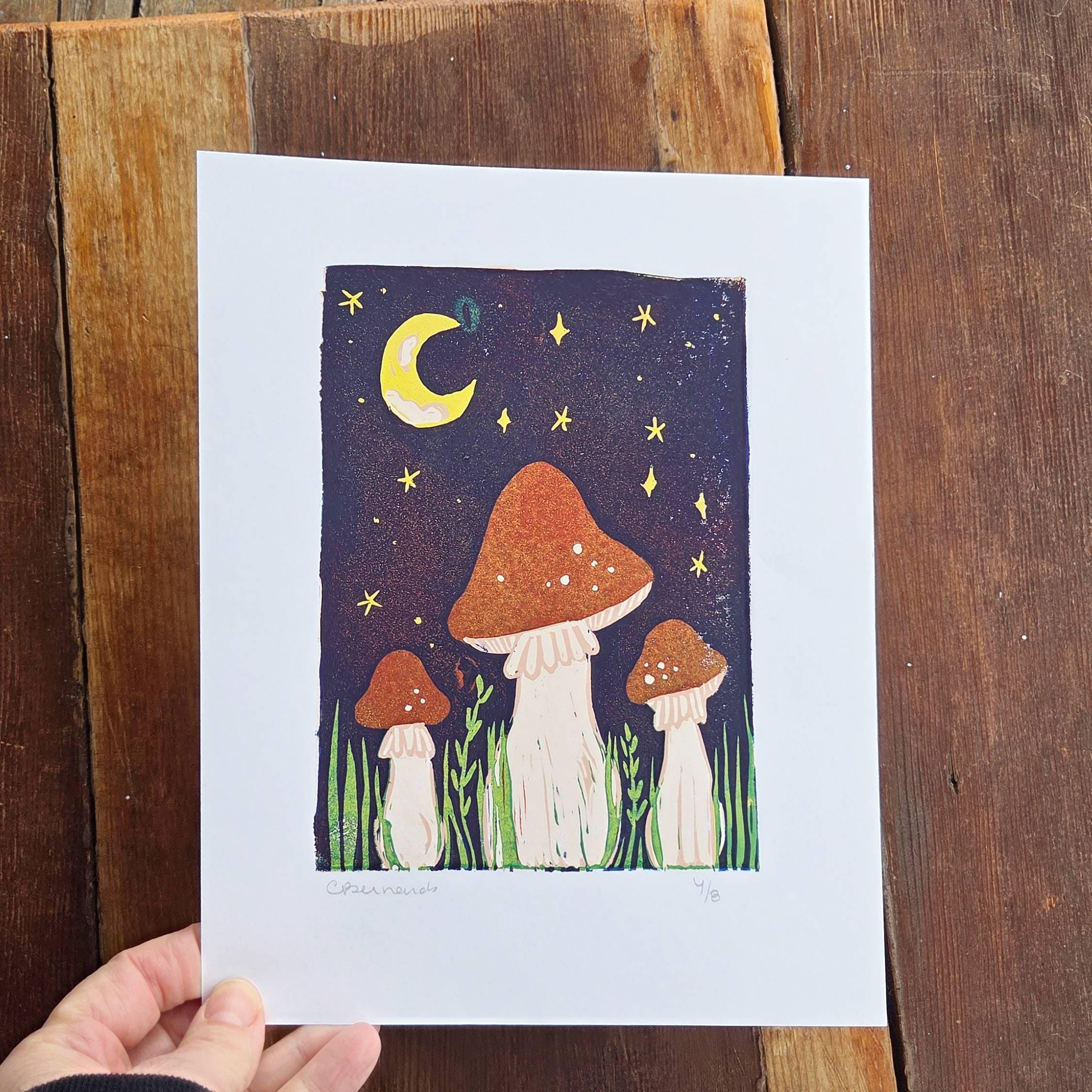 Mushrooms Reduction Lino Print