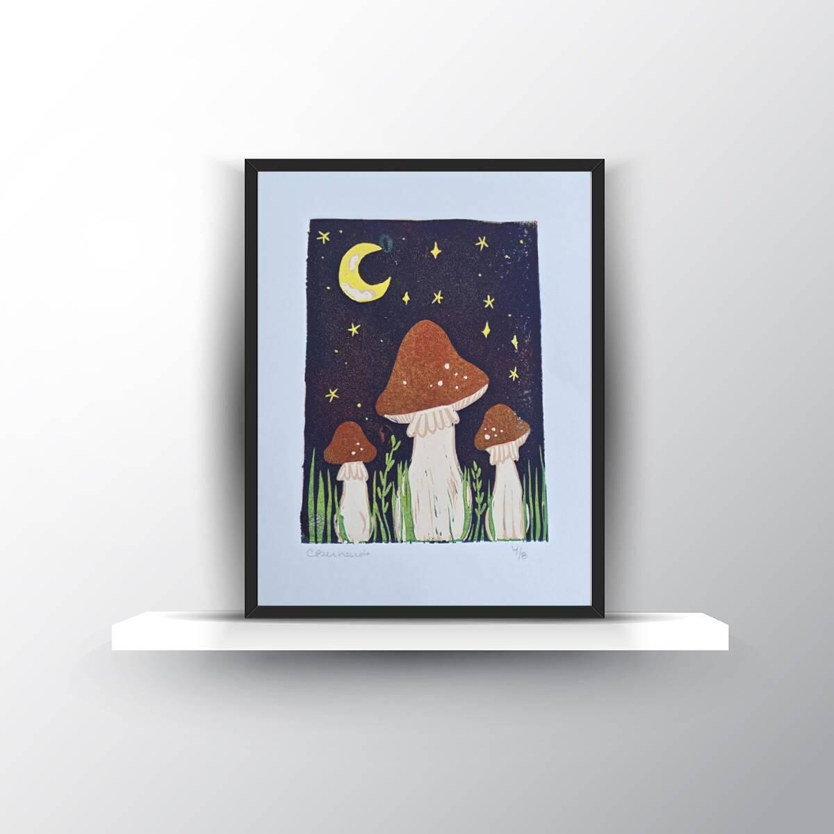 Mushrooms Reduction Lino Print - Image 3